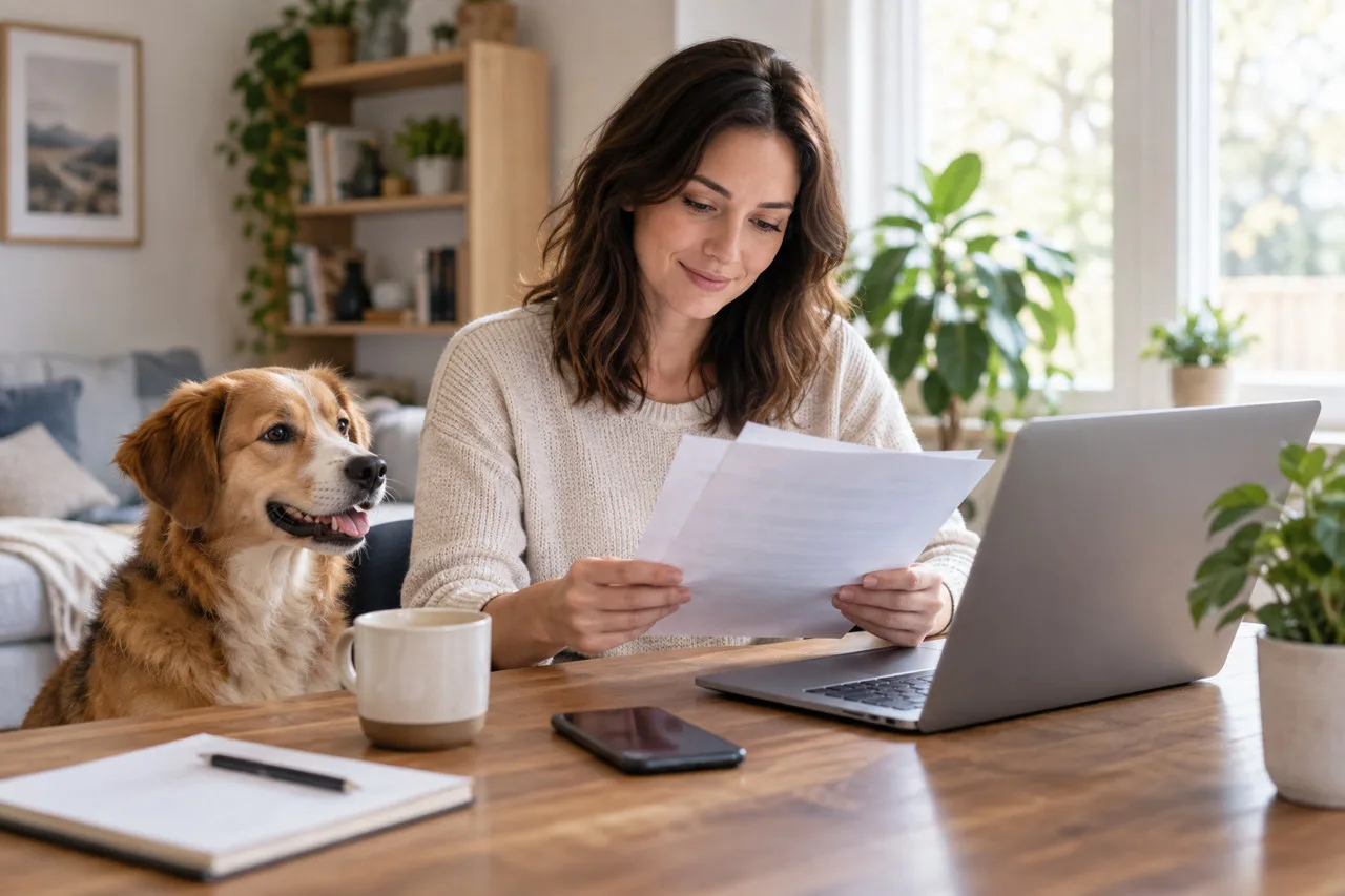 Owner reading documents beside a small dog